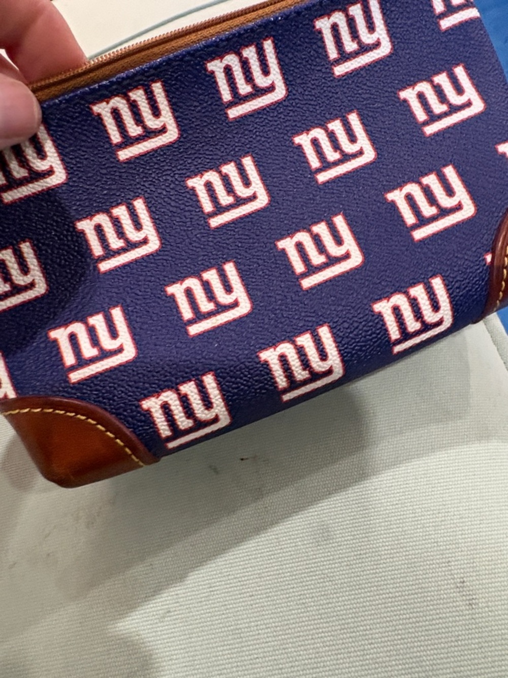 Dooney & Bourke Blue NY Logo Zip Pouch with Brown Leather Patch - Picture 4 of 7